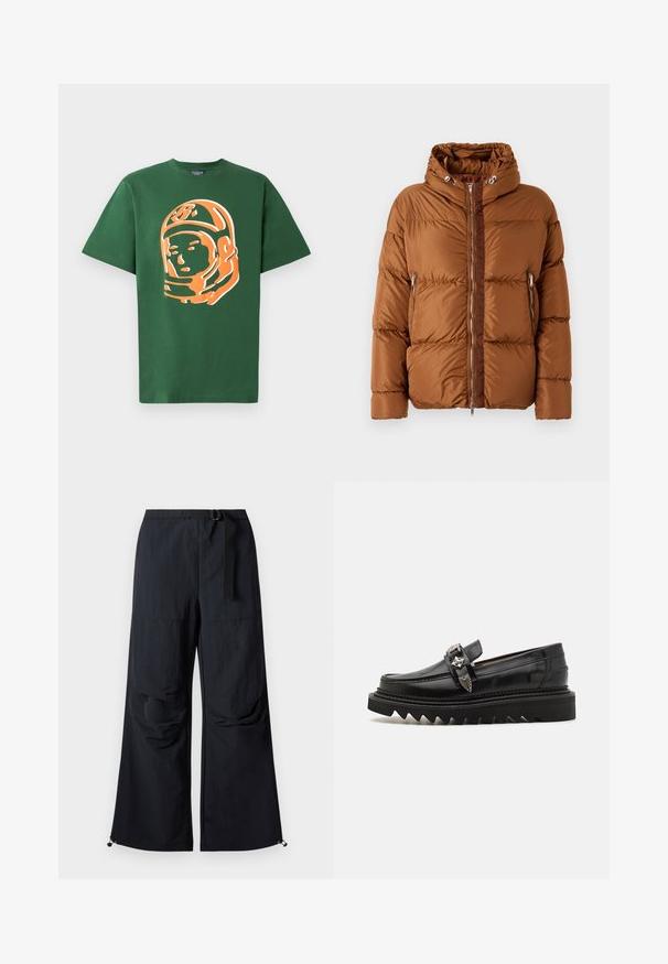 Iceberg PIUMINO - Chaqueta de plumas - nocciola; Camiseta de algodón verde con un gran gráfico de un astronauta naranja en el frente, de manga corta y con un corte relajado.; Pantalones negros de pierna ancha hechos de tela ligera. Cuentan con un cinturón, dos grandes bolsillos laterales y dobladillos ajustables con cierres de cordón.; Mocasines de cuero negro con acentos en metal plateado, suela elevada en zigzag y un diseño elegante y redondeado; textura suave y acabado brillante.