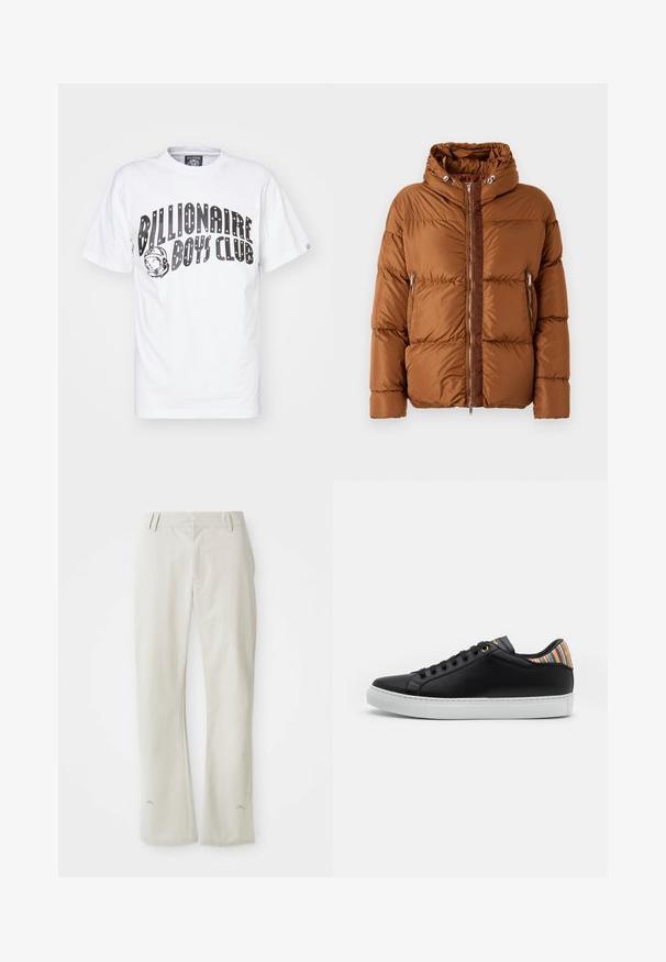 Iceberg PIUMINO - Gewatteerde jas - nocciola; Witte katoenen t-shirt met de tekst "Billionaire Boys Club" in grote zwarte letters, met een astronautenafbeelding aan de linkerkant. Korte mouwen.; Lichtgrijze, rechte broek van soepel materiaal. Voorzien van zijzakken, ceintuurlussen en een subtiel logo nabij de zoom.; Zwarte leren sneaker met een witte rubberen zool, voorzien van een gestreepte multicolor accent aan de hiel en een zwarte vetersluiting met gouden oogjes.