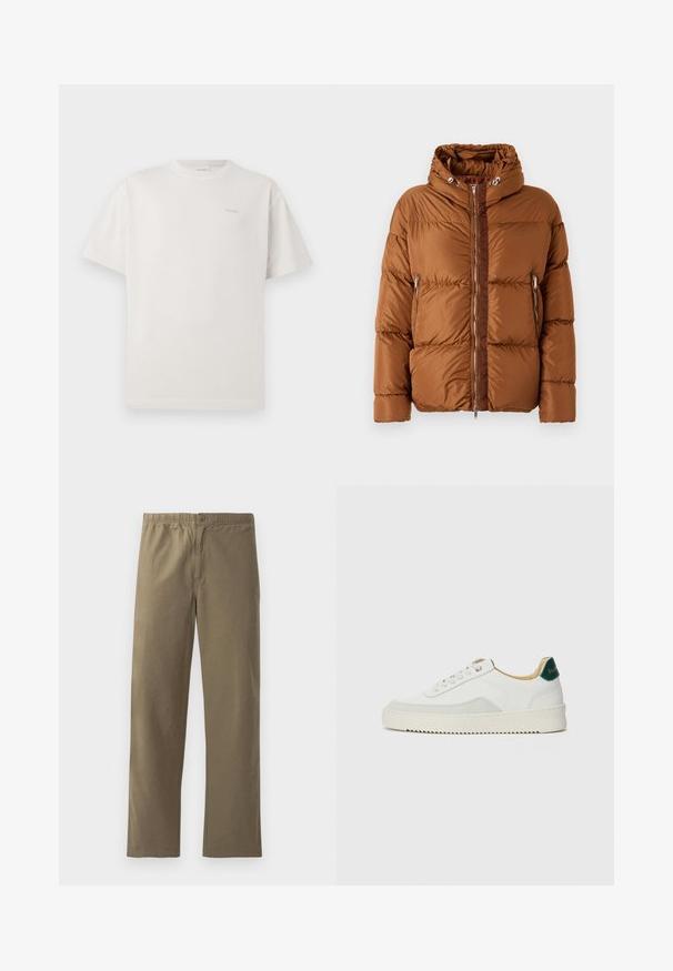 Iceberg PIUMINO - Chaqueta de plumas - nocciola; CLOSED LOGO - Camiseta básica - blush pink; Pantalones caqui hechos de tela ligera. Presentan una cinturilla elástica, un cierre de botón, piernas rectas y una textura suave.; Zapatilla blanca con acentos de ante, puntera redondeada, cordones planos y suela de goma color crema. Presenta un logo verde en el talón.