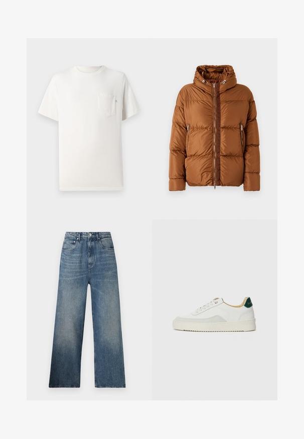 Iceberg PIUMINO - Dunjakker - nocciola; Hvid bomulds t-shirt med korte ærmer, rund hals og brystlomme. Glat tekstur og minimalistisk design. Ingen synlige mønstre eller accenter.; Blå denim bredbenede jeans med høj talje, subtilt slid, fem lommer og metalknaplukning foran.; Hvide sneakers med ruskindsdetaljer, rund tå, flade snørebånd og en cremet gummisål. Har grøn branding på hælen.