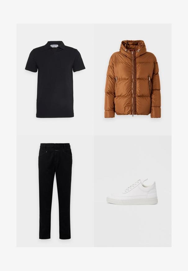 Iceberg PIUMINO - Dunjakker - nocciola; Sort kortærmet polo-shirt med klassisk krave, lavet af glat stof. Har et mærke med brandnavnet 'Filippa K' ved halsudskæringen.; Sorte denimbukser med straight-leg design, der har knaplukning, fem lommestyle og en glat tekstur.; Hvid lædersneaker med rundet tå, flad sål og snørebånd foran. Har syningsdetaljer og polstret krave for komfort.