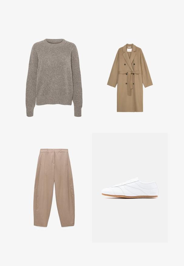 Manteau en laine beige avec un design croisé, des revers larges et une ceinture amovible. Il comporte deux boutons noirs et des manches longues.; Pull en maille gris clair avec un col rond, des manches longues et une finition texturée subtile. Aucun motif ou accent visible.; Pantalon beige taille haute à jambes larges avec passants pour ceinture, poches latérales, et fermeture avant zippée avec bouton.; Baskets basses blanches à lacets, tige en cuir lisse, panneaux subtilement cousus et semelle en caoutchouc marron clair.