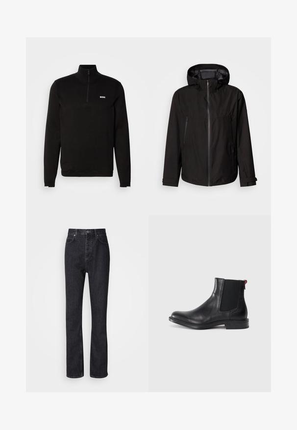 Veste légère noire avec capuche, fermeture éclair, deux poches latérales zippées et poignets ajustables. Texture lisse, design moderne.; Pull-over noir à demi-zip en tissu tricoté doux. Il présente un col montant, des manches longues et un logo BOSS blanc sur la poitrine.; Jean en denim noir taille haute avec fermeture à bouton et à glissière, poches avant et arrière, et coupe droite.; Bottine Chelsea en cuir noir avec des panneaux élastiques sur les côtés, bout rond et petit talon empilé. Équipée d'une languette rouge et d'un logo subtil sur le côté.