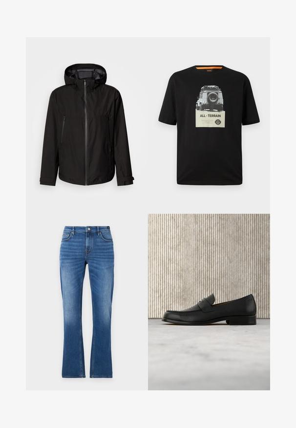 Zwarte lichtgewicht jas met capuchon, ritssluiting, twee zijzakken met rits en verstelbare mouwbanden. Gladde textuur, modern ontwerp.; Zwart katoenen t-shirt met ronde hals, voorzien van een grafische print van een klassiek voertuig en tekst "ALL - TERRAIN" op de borst.; Jeans met uitlopende pijpen in medium blauw. Heeft een vijfzakkenontwerp, stikselaccenten, een knoopsluiting en een licht vervaagde textuur op de benen.; Zwarte leren loafer zweeft boven een beige tapijt met op de achtergrond een glanzende, ronde, bruine tafel.