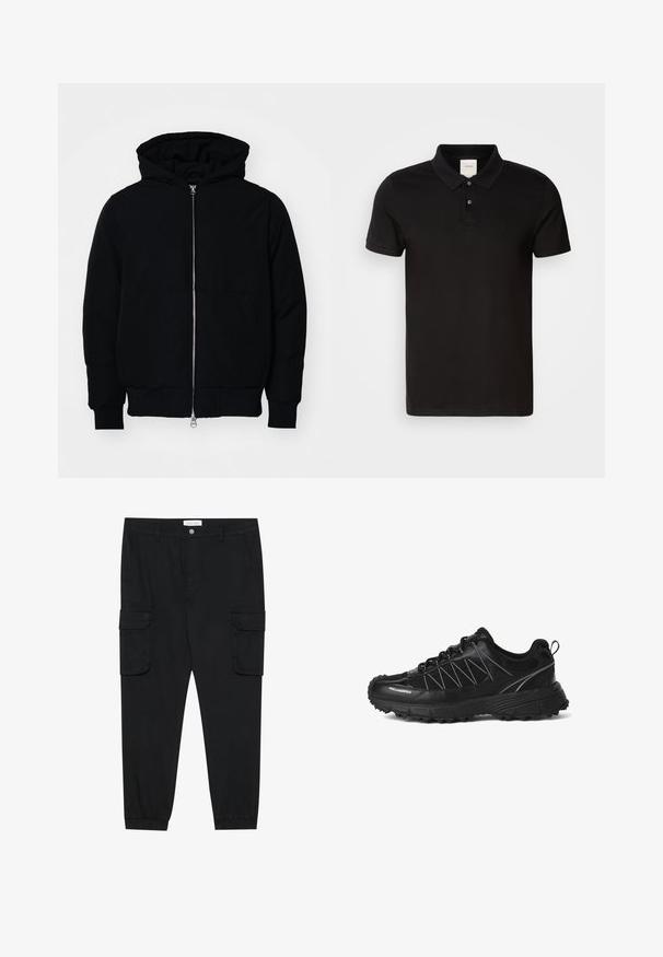 Veste à capuche noire avec fermeture éclair sur le devant, poche kangourou, poignets et ourlet côtelés, présentée sur un fond blanc uni.; Polo shirt noir en tissu lisse avec un col classique. Il présente deux boutons au cou, des manches courtes et un logo discret sur la poitrine.; Pantalons cargo noirs avec des jambes droites, des poignets élastiques et plusieurs poches latérales. Fabriqués en tissu texturé avec une fermeture à bouton.; Basket basse noire avec semelle épaisse crantée, dessus en mesh et synthétique, fermeture à lacets, languette au talon et logo « KARLLAGERFELD » sur le côté.