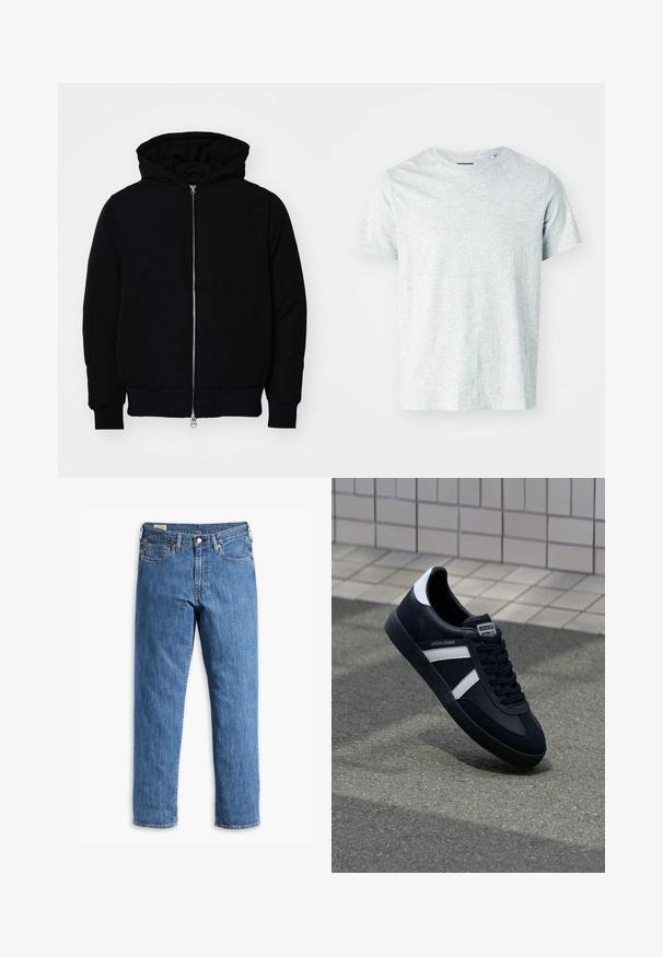 Veste à capuche noire avec fermeture éclair sur le devant, poche kangourou, poignets et ourlet côtelés, présentée sur un fond blanc uni.; T-shirt gris clair à manches courtes en tissu doux, avec un col rond et une coupe légèrement décontractée. Aucun motif ou graphique visible.; Jean en denim bleu avec une coupe droite, rivets en cuivre et design à cinq poches. Dispose d'un ourlet cousu et d'une taille classique avec passants de ceinture.; Sneaker en cuir noir avec des rayures blanches, semelle en caoutchouc texturée et devant à lacets. Présente une étiquette de marque sur la languette.