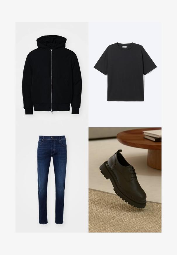 Sort hættejakke med frontlynlås, kængurulomme, ribbede manchetter og kant, præsenteret på en ensfarvet hvid baggrund.; Sort T-shirt med korte ærmer og rund hals med afslappet pasform, forfra, ensfarvet design og synligt Weekday-mærke inde i kraven.; Mørkeblå slim-fit denimjeans med frontknap, lommer, bæltestropper og subtile falmningdetaljer på benene.; Sort lædersko med en tekstureret overflade, rund tå, snørelukning og en kraftig sort gummisål. Svævende over et vævet tæppe.