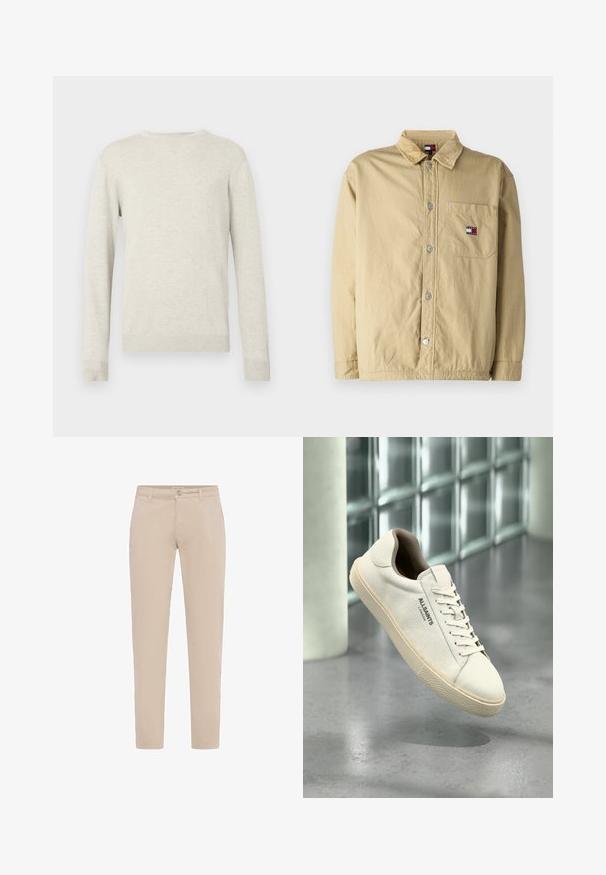 Khaki knoopjack met een corduroy kraag, voorzak en zilveren drukknoopjes. Heeft een klein logo op de borstzak.; Beige trui met lange mouwen en ronde hals, voorzien van ribbels aan de mouwen en onderkant, gepresenteerd tegen een eenvoudige witte achtergrond.; Beige slim-fit chinos met een voorzijde met knoop- en ritssluiting, riemlussen en zijzakken, afgebeeld tegen een witte achtergrond.; Witte canvas sneaker met een beige zool en veters, "AllSaints London" logo aan de zijkant, zwevend boven een grijs gepolijste vloer nabij glasblokken.