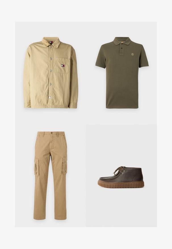 Khakifarbene, knöpfbare Jacke mit einem Cordkragen, Fronttasche und silbernen Druckknöpfen. Mit einem kleinen Logo-Patch auf der Brusttasche.; Olivgrünes Poloshirt aus Baumwolle mit Kragen, zwei Knöpfen und einem kleinen gestickten Logo auf der Brust. Kurze Ärmel.; Beige Cargo-Hosen mit zwei Seitentaschen, einem Knopfverschluss, geradem Bein und einem weichen, strukturierten Stoff.; Braune Lederstiefeletten mit Gummisohle, abgerundetem Zehenbereich und Schnürung. Mit Nähtelementen und einer strukturierten Sohle für besseren Halt.