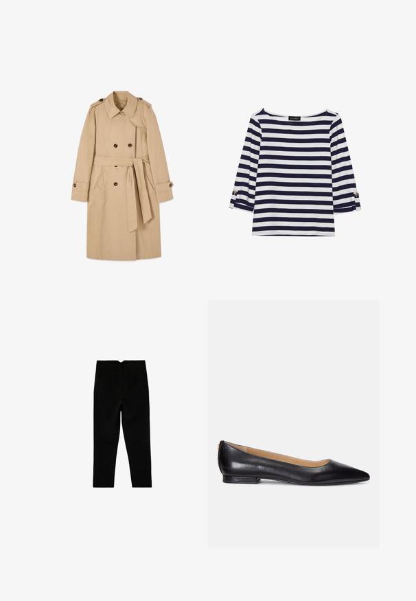 Gabardina beige cruzada con cinturón, hombreras, cuello y tiras abotonadas en las mangas, colocada plana sobre fondo blanco.; Camiseta de manga larga a rayas en azul marino y blanco, con escote barco y acentos de botones dorados en las mangas enrolladas. Tejido suave y corte relajado.; Pantalones negros a medida hasta el tobillo con bolsillos laterales y pierna ligeramente entallada, mostrados extendidos sobre un fondo blanco.; Bailarinas de cuero negro con punta afilada, tacón bajo y un acento dorado en el tacón. Textura suave con una silueta clásica.