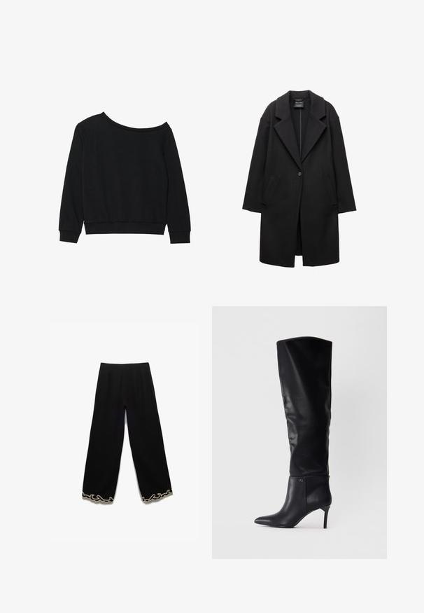 Zwarte lange jas met één knop, brede revers en twee zijzakken, gepresenteerd op een witte achtergrond.; Zwarte off-shoulder sweatshirt met lange mouwen, geribbelde manchetten en tailleband in een zachte, lichtgewicht stof. Eenvoudig, onopgemaakte ontwerp.; Zwarte wijde broek van textuurstof, met een gegolfde witte rand langs de zoom. Elastische tailleband voor comfort.; Zwarte leren over-de-knie laars met een spitse neus, naaldhak en een slank ontwerp met een logo-accent op de enkel.