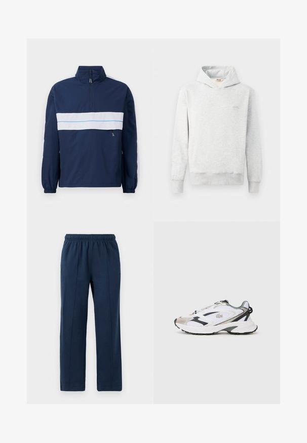 Tumesinine pullover-jakk kõrge kaelusega, millel on valge horisontaalne triip ja helesinine aktsent rinnal. Elastsed mansetid.; Heled halli kapuutsärk, mis on valmistatud pehmest kangast, klassikalise disainiga, eeselaka tasku ning soonikkoes mansetid. Väike logo rinnal.; Tumedates sinised, elastse vööga püksid, millel on mugav lõige. Omavad vertikaalseid õmbluse üksikasju ja pehmet puuvilla tekstuuri.; Valge spordijalats, millel on hõbedased ja mustad aktsendid, võrkkanga ülemine osa, tekstureeritud tald ja voolujooneline disain, millel on külje peal logo.