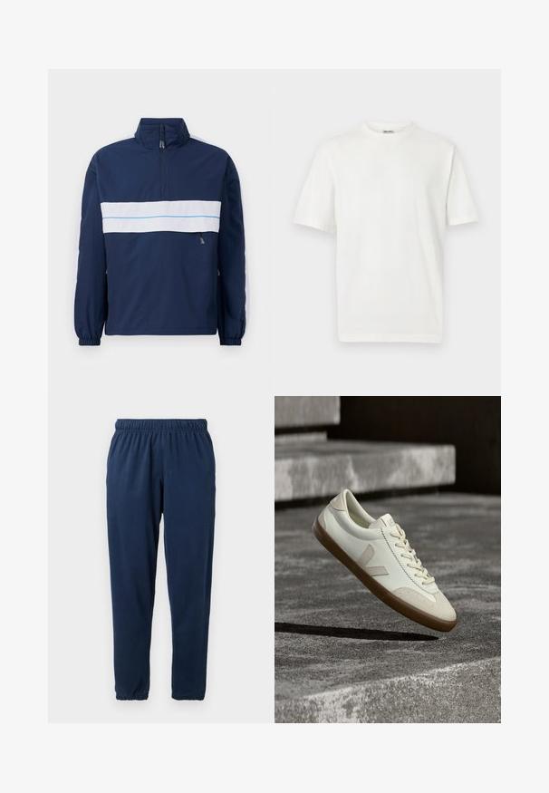 Tumesinine pullover-jakk kõrge kaelusega, millel on valge horisontaalne triip ja helesinine aktsent rinnal. Elastsed mansetid.; Lihtne valge, lühikeste varrukatega, ümarakaelusega t-särk ribidega kaelusega, esitatud helehallil taustal.; Tumedav sinise värvi dressipüksid, mis on valmistatud pehmest kangast. Need omavad elastset vöökohta ja kitsenevaid jalgu elastsete soontega. Mustreid ega aktsente pole.; Valged nahast tennised pruunika kummist tallaga, lamedate paeltega ja V-kujulise aktsendiga küljel. Omaduseks on sile pind ja minimaalsed õmblused.