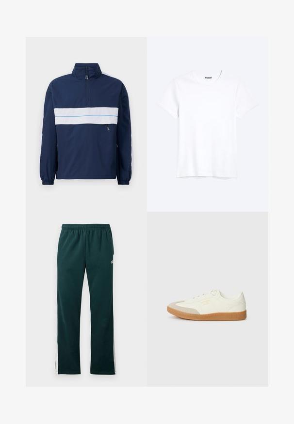 Mørkeblå pulloverjakke med højt krave, med en hvid vandret stripe og lyseblå detaljer hen over brystet. Elastiske manchetter.; Enkelt hvid T-shirt med korte ærmer og rund hals med synligt WEEKDAY-mærke i kraven, vist på en lys baggrund.; Mørkegrønne sweatpants med elastisk hænger og hvide striber, der løber ned ad ydersiden af benene.; Sneaker lavet af hvid læder med en beige tåhætte og let brunt gummisål. Har flade hvide snørebånd og prægede branding på siden.
