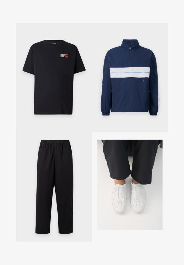 Marineblauwe pullover jas met een hoge kraag, voorzien van een witte horizontale streep en lichtblauwe accenten over de borst. Elastische mouwen.; Zwarte katoenen t-shirt met een ronde halslijn. Heeft een klein rood en wit 'New Balance' logo en tekst op de bovenste linkerkant van de borst.; Zwarte, wijde broeken met een elastische tailleband en een enkele knoop. Gemaakt van een gladde, lichte stof. Rechte zoom.; Witte leren sneakers met een gladde textuur, ronde neus en klassiek vetersysteem, gepositioneerd boven donkere, losse broeken.