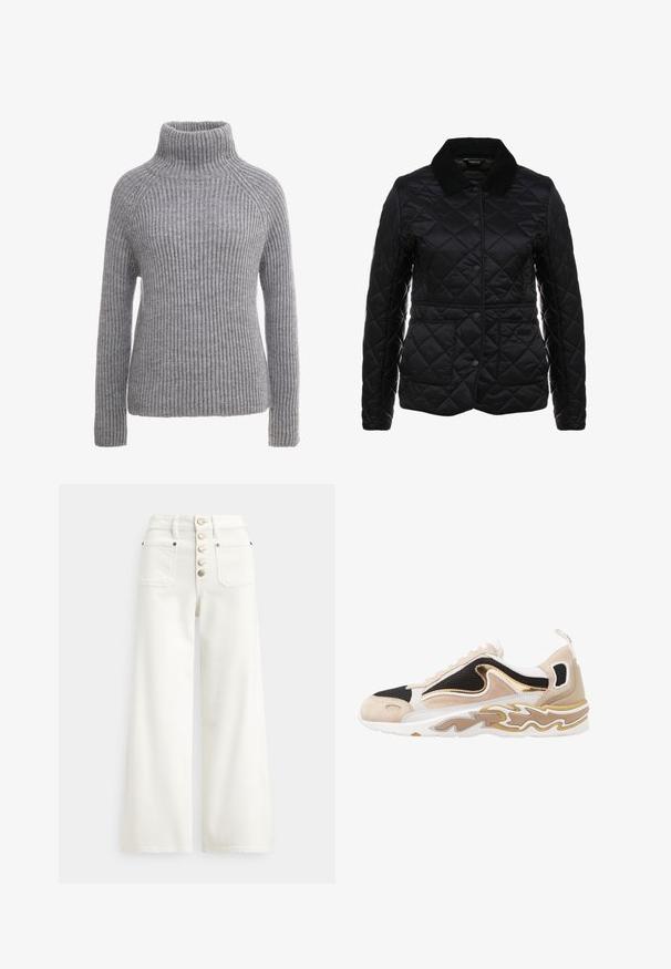 Veste matelassée noire avec un col en velours côtelé, fermeture à boutons-pression et deux poches avant. Texture lisse avec un motif en diamant sur toute la surface.; Pull en maille grise avec un col roulé haut, texture côtelée et manches longues. Présente des coutures raglan et une silhouette ajustée.; Jeans blancs à jambes larges en denim, avec une taille haute, deux poches arrière et cinq boutons dorés sur le devant.; Baskets avec une tige en maille noire, des accents en daim beige et un détail métallique doré. Présente une semelle blanche avec un design en motif de vagues.
