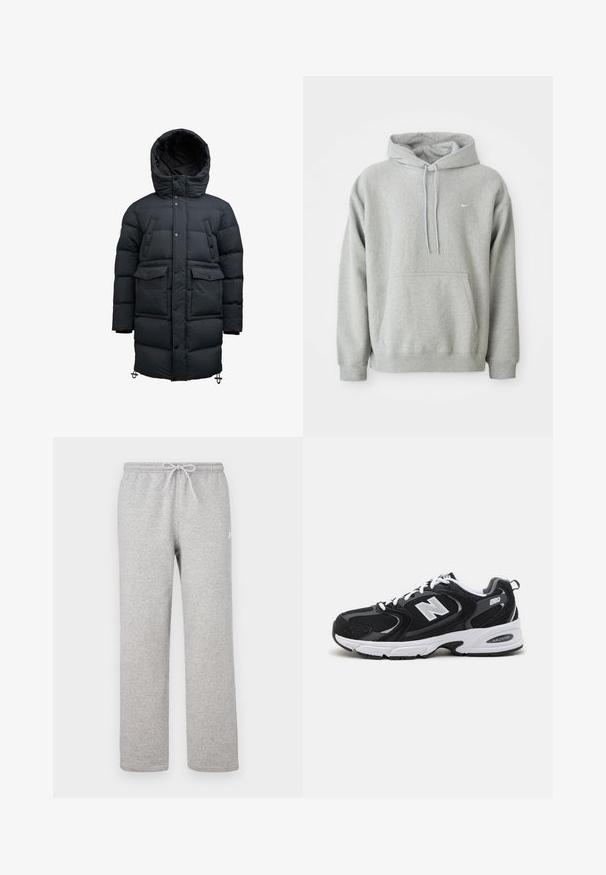 Lang sort polstret parka med hætte, knappet front, to brystlommer, to flap håndlommer og justerbare kantstropper.; Grå hættejakke lavet af blødt stof med en kengurulomme, snor i hætten og lille hvidt logo på brystet. Behagelig, afslappet pasform.; Grå joggingbukser med elastisk talje og snor. Fremstillet af blødt stof, de har lige ben og diskret logodetalje.; Sorte og grå sportssko med mesh og ruskind på overdelen, der har en hvid mellemsål, snørebånd og et iøjnefaldende "N" logo på siden.