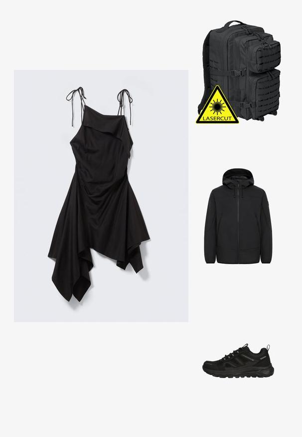 Chaqueta con capucha negra en material soft-shell. Cuenta con un cierre frontal, dos bolsillos laterales y cordones ajustables en la capucha.; Vestido negro asimétrico con tirantes delgados de lazo, cuerpo drapeado y bajo con forma de pañuelo sobre un fondo gris claro.; Zapato deportivo negro impermeable con parte superior de malla texturizada, suela de goma, cordones elásticos y mínimos acentos reflectantes para una mayor visibilidad.; Mochila táctica negra con múltiples compartimentos, respaldo de malla acolchada y detalles cortados con láser; incluye cremalleras reforzadas y correas ajustables.