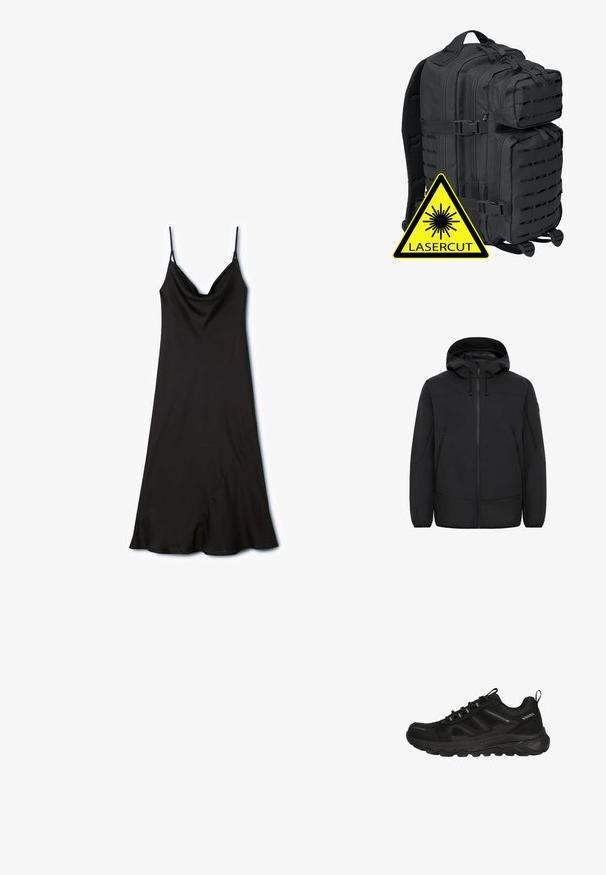 Sort hættetrøje i softshell-materiale. Den har en frontlynlås, to sidelommer og justerbare snore ved hætten.; Sort slipskjorte med justerbare spaghetti-stropper, cowl-udskæring og asymmetrisk kant, lavet af glat, let stof.; Sort vandtæt sportsko med en struktureret mesh-overdel, gummisål, elastiske snørebånd og minimale reflekterende detaljer for synlighed.; Brandit BIG COOPER - Rygsække - black