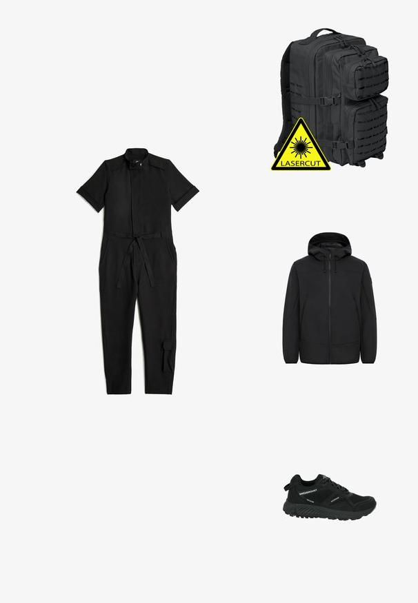 Zwarte hooded jas van soft-shell materiaal. Heeft een frontzipper, twee zijzakken en verstelbare trekkoorden bij de capuchon.; Zwarte jumpsuit met korte mouwen, een staande kraag, ritssluiting, riem, zijzakken en een enkele cargozak op het been. Gladde stof.; Zwarte waterdichte wandelschoen met gaaspanelen, textuurzool, ronde neus en reflecterende veters. Voorzien van een logo en een trekband op de hiel.; Zwarte tactische rugzak met meerdere compartimenten, een gevoerde mesh rug en laser-gekapte accenten; inclusief versterkte ritsen en verstelbare banden.