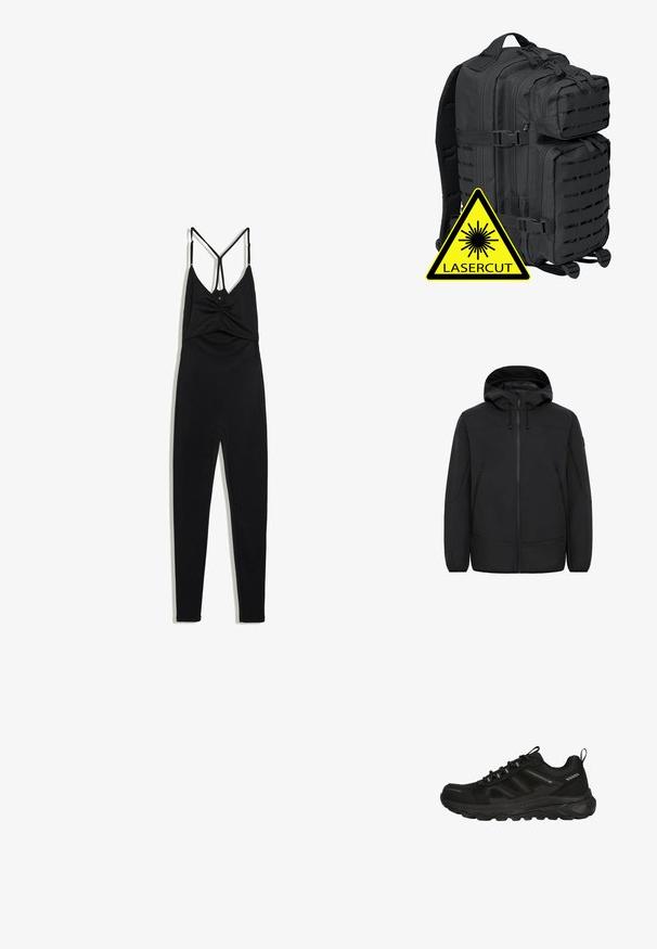 Sort hættetrøje i softshell-materiale. Den har en frontlynlås, to sidelommer og justerbare snore ved hætten.; Sort heldragt med tætsiddende ben og tynde justerbare stropper, der danner en V-form på ryggen og en tvistet detalje ved brystet.; Sort vandtæt sportsko med en struktureret mesh-overdel, gummisål, elastiske snørebånd og minimale reflekterende detaljer for synlighed.; Brandit BIG COOPER - Rygsække - black