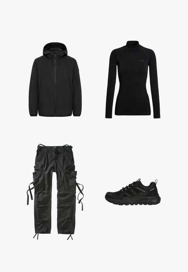 Sort hættetrøje i softshell-materiale. Den har en frontlynlås, to sidelommer og justerbare snore ved hætten.; Sort langærmet polotrøje lavet af strækstof. Har en figursyet pasform med ribbestrikdetaljer og et lille mærkelogo på brystet.; Sorte cargo-bukser lavet af letvægtsstof, med flere lommer, snore i siderne og en afslappet pasform med forstærkede syninger.; Sort vandtæt sportsko med en struktureret mesh-overdel, gummisål, elastiske snørebånd og minimale reflekterende detaljer for synlighed.