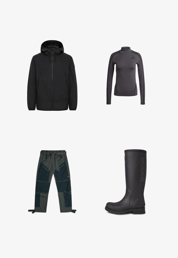 Zwarte hooded jas van soft-shell materiaal. Heeft een frontzipper, twee zijzakken en verstelbare trekkoorden bij de capuchon.; Grijs topje met lange mouwen en een hoge kraag, gemaakt van gestructureerde stof en voorzien van zwarte accenten op de schouders, met een Adidas-logo op de borst.; Broek met een riem, voorzien van een mix van donkergroene en grijze stoffen, hoekig patchworkontwerp, meerdere zakken en verstelbare enkelbandjes.; Hoge zwarte rubberen laars met een gestructureerde afwerking, WODEN-logo op de zijkant en een versterkte zool met gesprenkelde accenten.