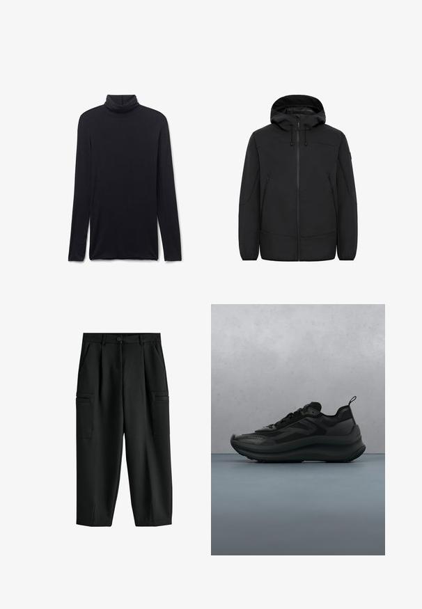 Sort hættetrøje i softshell-materiale. Den har en frontlynlås, to sidelommer og justerbare snore ved hætten.; Sort langærmet rullekrave med tætsiddende pasform og glat stof, lagt fladt på en hvid baggrund.; Sorte cargo-bukser med lige ben, sidelommer, bæltestropper, frontknap, lynlås og små slidser ved ankelkanten.; Sort Calvin Klein-sneaker med chunky sål, der svæver over træfliser udendørs med grønne blade og grå væg i baggrunden.