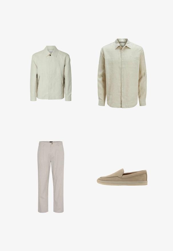 Beige let jakke med spids krave, enkelt synligt øverste knap, skjult frontlukning og to frontlommer med klap.; Beige linned skjorte med knaplukning, lange ærmer, spids krave og en glat overflade.; Lys grå stribede bukser, lige pasform, med en enkelt knaplukning i taljen og to frontlommer. Glat tekstur.; Beige ruskind slip-on loafer med en lysfarvet gummisål, lav hæl og diskrete syningsdetaljer langs øverste kant.