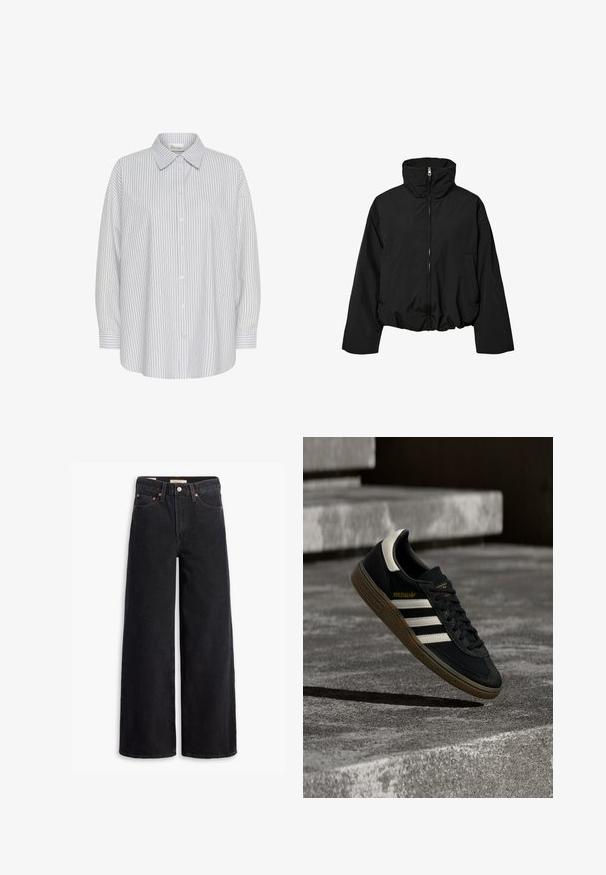 Veste matelassée noire avec col montant, manches longues, fermeture éclair à l'avant et deux poches latérales, isolée sur fond blanc.; Chemise blanche à boutons avec de fines rayures verticales bleu marine, manches longues et col pointu. Présente une coupe décontractée et aucun motif visible.; Jean noir à jambe large en denim, comportant cinq poches, des rivets en laiton et une fermeture à bouton classique. Texture lisse avec un design épuré.; Baskets Adidas noires avec des bandes blanches et une semelle en gomme flottant au-dessus d'escaliers en béton gris sous une lumière naturelle.