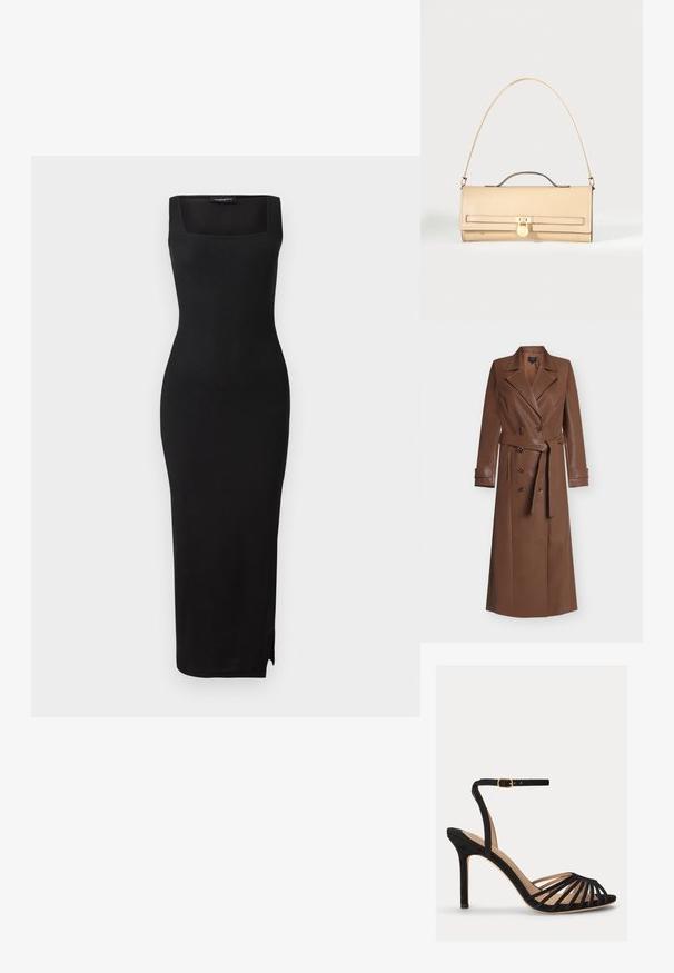 Abrigo largo de cuero marrón con botones de doble pecho, solapas anchas, cintura con cinturón y detalles en los puños, mostrado sobre fondo blanco.; Vestido midi de punto acanalado negro con escote cuadrado, silueta ajustada y abertura lateral. El material tiene una textura suave. Diseño simple.; Sandalia negra de tacón alto con puntera abierta, múltiples tiras delanteras finas y una correa ajustable en el tobillo con hebilla dorada.; Bolso de mano rectangular de cuero beige con correa de cadena dorada, asa superior y cierre con candado dorado.