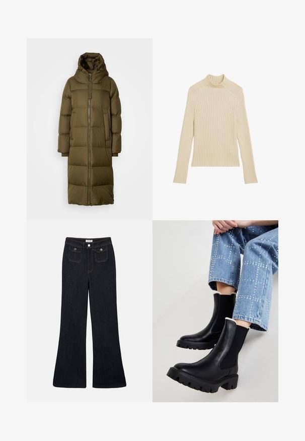 Olijfgroen gewatteerde jas met een capuchon, lange uitstraling, voorrits, gevoerd textuur en zijzakken; ribbelige mouwmanchetten.; Geribbeld gebreide longsleeve top in off-white met een hoge kraag en een slim fit. Heeft een verticale textuur en een cropped zoom.; Flared donkerdenim jeans met een hoge taille, twee voorzakken en oranje stiksels. Het materiaal lijkt stevig en glad.; Zwarte leren enkellaarsjes met elastische zijpanelen, gestructureerde chunkyzolen en een shearling voering aan de bovenkant, gecombineerd met lichtblauwe versierde jeans.