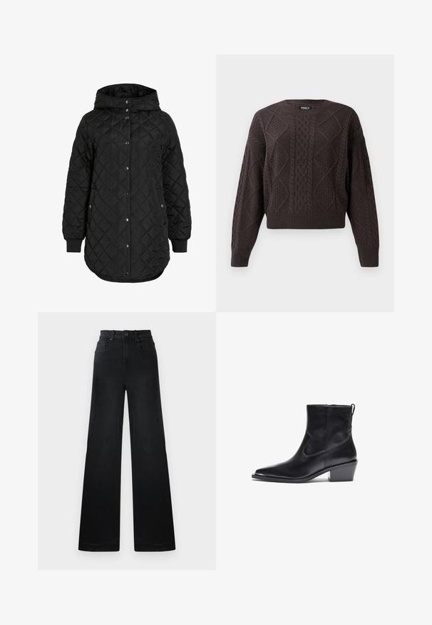 Schwarze gesteppte Jacke mit Kapuze, ausgestattet mit einem Knopfverschluss, gerippten Bündchen und einem längeren Saum. Der Stoff ist glatt mit matter Oberfläche.; Dunkelbrauner Kabelstrickpullover mit Rauten- und Zopfmustern, Rundhalsausschnitt sowie gerippten Bündchen und Saum.; Weite schwarze Denim-Hosen mit einer taillierten Taille, ausgestattet mit Gürtelschlaufen, vorderen und hinteren Taschen sowie einer glatten Textur.; Schwarzer Leder-Ankle-Boot mit spitzer Zehe und niedrigem Blockabsatz. Mit einem Seitenreißverschluss und minimalen Nähdetails für ein elegantes Design.