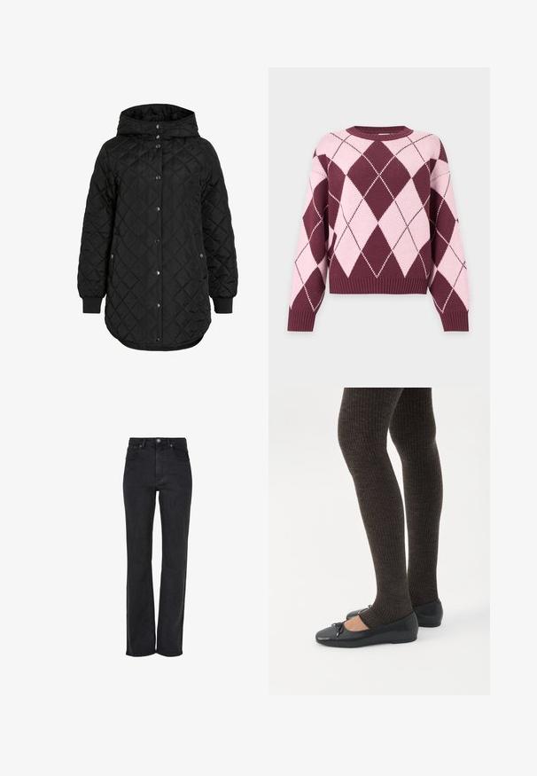 Veste matelassée noire avec capuche, dotée d'une fermeture à boutons, de poignets côtelés et d'un ourlet long. Le tissu est lisse avec une finition mate.; Pull à manches longues en maille avec un motif losanges argyle rose et bordeaux, poignets et ourlet côtelés.; Jean noir à jambe droite, taille haute, en denim, avec une fermeture à bouton à l'avant et un design à cinq poches avec des détails de couture subtils.; Jambes portant des leggings côtelés foncés associés à des ballerines noires avec de petits détails en nœud sur fond blanc.