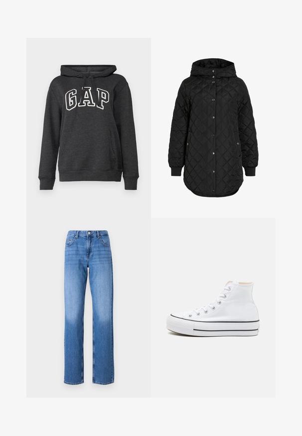 Mustmust mustka jakk, millel on kapuuts, nuppude kinnitusega, soonikkätised ja pikem äär. Kangas on sile ja matt.; Tumehall sweater pehmest kangast, millel on tasku nagu kenguru, joonimisega kapuuts ja suur valge "GAP" logo ees. ; Heledad sinise denimi teksased kõrge vöökohaga, sirge jala disainiga ja pleekinud aladega. Omab standardseid eeskepe ja nööbiga sulgemist.; Valged kõrged tossud, millel on tekstiilmaterjal, must kummist tallat ja kontrastne must riba keskosas. Ümar varbakiht ja nöörimise disain.