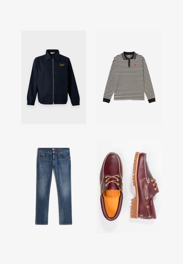 Marineblauwe jas met ritssluiting, elastische manchetten, twee voorkantzakken, kraag en gele geborduurde tekst op de linkerborst.; Zwart-wit horizontaal gestreept poloshirt met lange mouwen, zwarte kraag, knopenlijst, manchetten en rood geborduurde tekst op de borst.; Blauwe slim-fit spijkerbroek met vijf zakken en knoopsluiting, met subtiele vervaging en Tommy Hilfiger branding op de tailleband en zak.; Bordeaux leren schoenen met bruine rubberen zolen, ronde neus, witte stiksels en gouden veterogen. Het interieur heeft een gele voering.