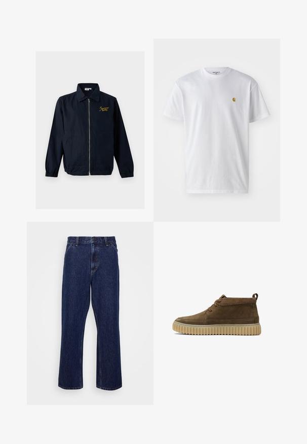 Chaqueta azul marino con cremallera, puños elásticos, dos bolsillos delanteros, cuello y texto bordado en amarillo en el lado izquierdo del pecho.; Camiseta de algodón blanca con mangas cortas, cuello redondo, que presenta un pequeño logo dorado en la parte izquierda del pecho. Textura suave y corte regular.; Jeans de mezclilla azul oscuro con un diseño de pierna recta, que cuentan con un cierre de botón, estilo de cinco bolsillos y detalles de costura sutiles.; Botines de ante marrón con punta redondeada, costuras mínimas y suela de goma gruesa y texturizada. Presenta un diseño de cordones y una pestaña en el talón.