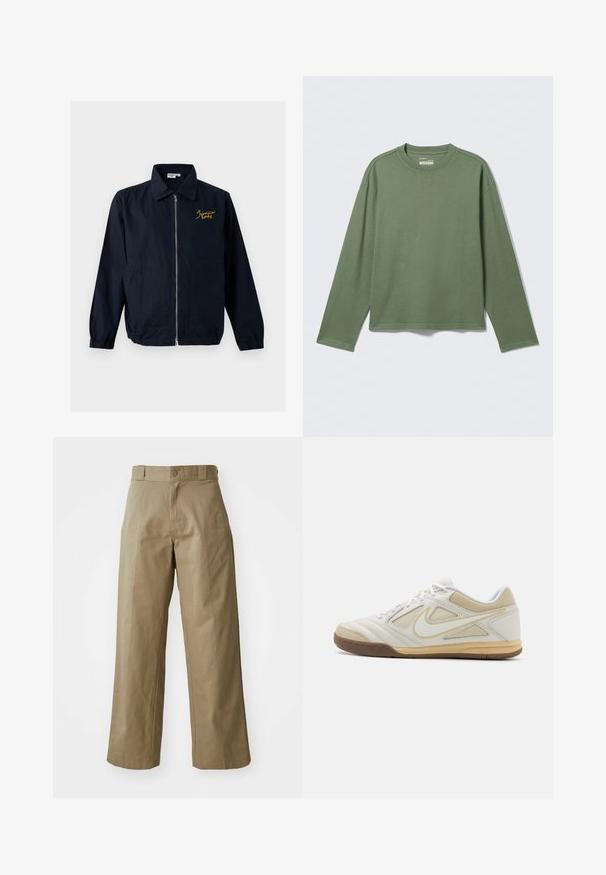 Marineblaue Jacke mit Reißverschluss, elastischen Bündchen, zwei Fronttaschen, Kragen und gelber Stickerei auf der linken Brust.; Einfaches grünes Langarmshirt mit Rundhalsausschnitt und geradem Saum, flach auf einer hellgrauen Oberfläche liegend.; Khakifarbene weit geschnittene Hosen aus Baumwollmischgewebe, mit einem einzelnen Knopfverschluss und sichtbaren Seitentaschen. Glatte Textur, Faltendetails.; Weißer Sportschuh mit strukturiertem Obermaterial, grauen Akzenten, Schnürdesign und braunem Gummisohle. Verfügt über ein markantes Logo an der Seite.