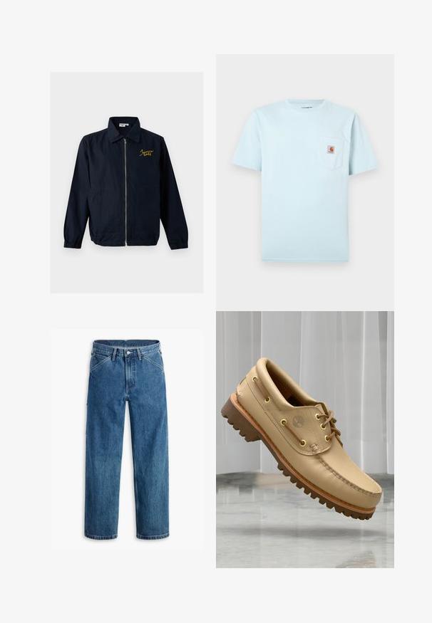 Marineblå lynlåsjakke med elastiske manchetter, to forlommer, krave og gul broderet tekst på venstre bryst.; Lys blå T-shirt med korte ærmer og rund hals samt en brystlomme med et lille brunt og orange Carhartt-logo.; Blå denim jeans med lige ben, forlommer, bæltestropper, metal knap og lynlås foran på hvid baggrund.; Lysbrune læderbådsko med tyk, rillet sål og snøre detaljer, svævende over et marmor gulv med baggrund af hvide lodrette persienner.