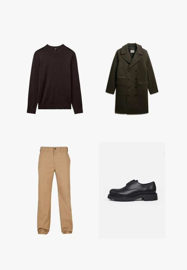 Brun uld dobbeltbrystet frakke med store klapper, to frontlommer og tekstureret stof. Fodret indre og fremtrædende knapdesign.; Reiss REISS - Striktrøje - dark bordeaux; Brune bomuldsbukser med lige ben-design, knaplukning og bæltestropper. Glat overflade med subtile næsefolder foran og lommer.; Sort lædersko med snørebånd, kraftig sål med dybe mønstre, rundet tå og syede detaljer, vist fra siden på en ensfarvet baggrund.