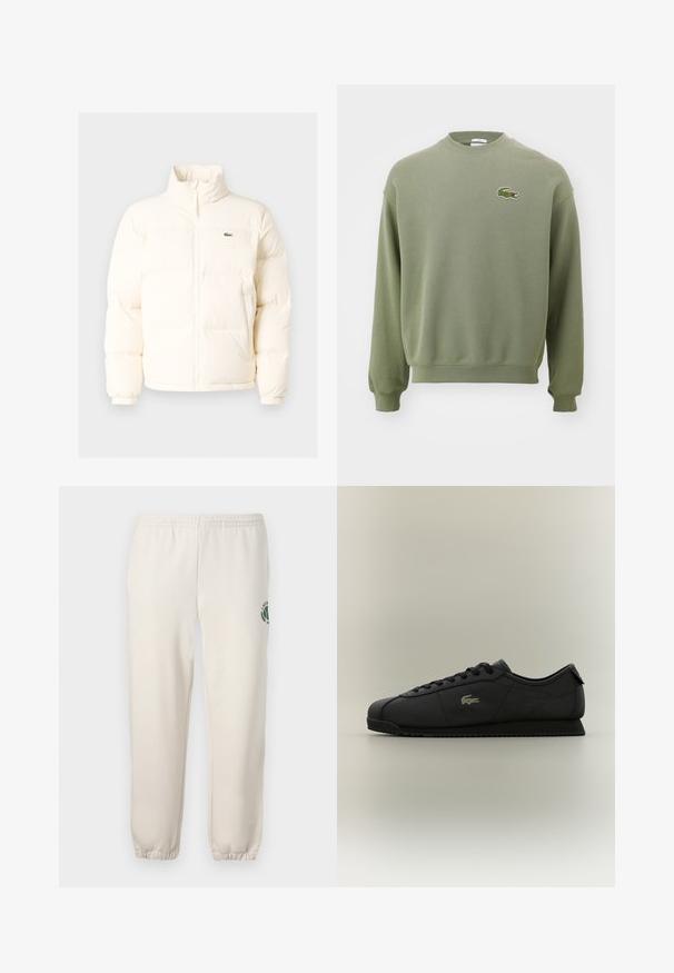 Hvid pufferjakke med høj krave, der har en frontlynlås, elastiske manchetter og et lille grønt logo på venstre bryst.; Olivengrøn sweatshirt med rund hals, ribbede manchetter og kant. Funktioner broderet krokodillelogo på venstre bryst. Blødt, struktureret stof.; Lys beige sweatpants lavet af bomuld, med elastisk talje, ribbede mansjetter og et grønt logo med bladdesign på venstre ben.; Sorte sneakers med lav profil og snørelukning, tekstureret sål og lille krokodillelogo på siden, vist på ensfarvet baggrund.