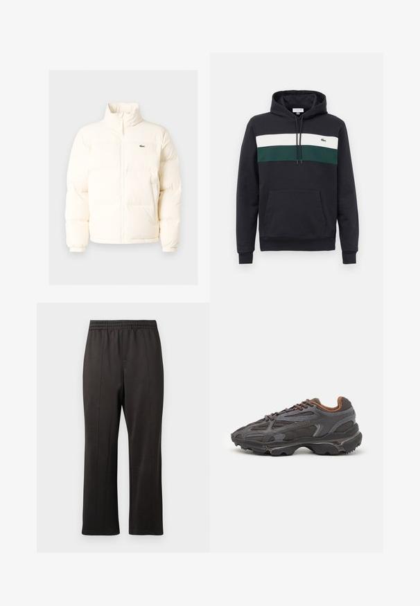 Weiße Daunenjacke mit hohem Kragen, ausgestattet mit einem Frontreißverschluss, elastischen Bündchen und einem kleinen grünen Logo auf der linken Brust.; Schwarzer Kapuzenpullover mit weißen und grünen horizontalen Streifen über der Brust und einer vorderen Kängurutasche.; Schwarze Hose mit elastischem Bund und geradem Bein. Hergestellt aus glattem Stoff mit dezenten Nahtdetails an der Vorderseite.; Lacoste Sneaker in Dunkelgrau aus Mesh und Synthetikmaterial, mit einer strukturierten Sohle und braunen Akzenten am Kragen und Logo.