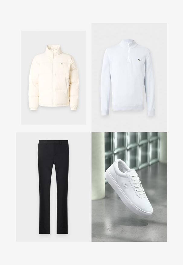 Chaqueta acolchada blanca con un alto cuello, que presenta una cremallera frontal, puños elásticos y un pequeño logotipo verde en el lado izquierdo del pecho.; Jersey de punto blanco de manga larga con cuello de cremallera de un cuarto y pequeño logotipo de cocodrilo verde en el pecho izquierdo.; Pantalones negros con diseño de pierna recta, confeccionados en una tela suave. Presenta bolsillos frontales, cierre de botón y trabillas para cinturón.; Zapatilla blanca de caña baja con diseño de cordones y logo de cocodrilo en relieve, situada sobre un suelo pulido gris con una pared de bloques de vidrio de fondo.