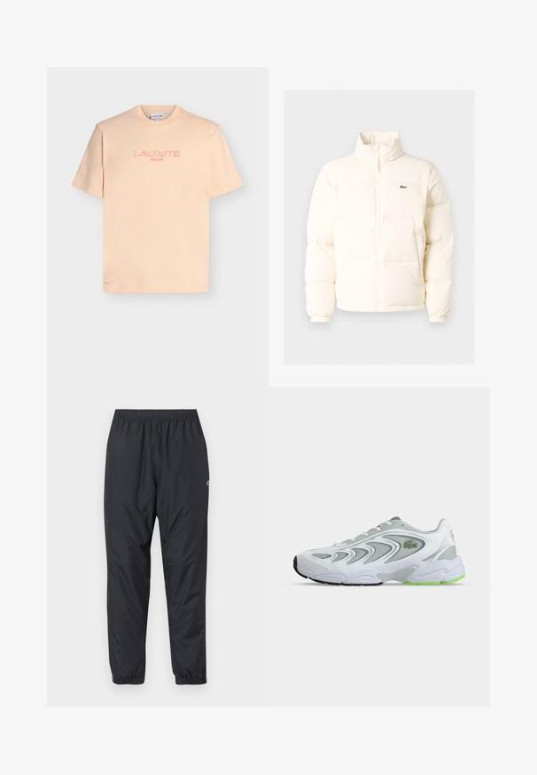 Doudoune blanche avec un col haut, dotée d'une fermeture éclair sur le devant, de poignets élastiques et d'un petit logo vert sur la poitrine gauche.; T-shirt à manches courtes couleur pêche clair avec «LACOSTE PARIS» imprimé en rose délavé sur le devant et un petit crocodile brodé près de l'ourlet.; Pantalons de jogging noirs, légers, résistants à l'eau, avec une taille élastique et des poignets froncés ; détails minimalistes avec un petit logo.; Baskets de sport blanches et grises avec des touches vertes et un logo, panneaux en mesh et une semelle épaisse et rembourrée, vues de côté sur un fond uni.