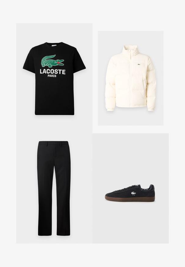 Weiße Daunenjacke mit hohem Kragen, ausgestattet mit einem Frontreißverschluss, elastischen Bündchen und einem kleinen grünen Logo auf der linken Brust.; Schwarzes Baumwoll-T-Shirt mit grünem Krokodil-Logo und dem Text "LACOSTE PARIS" in Weiß. Kurze Ärmel und klassischer Rundhalsausschnitt.; Schwarze maßgeschneiderte Hosen mit geradem Beinschnitt, hergestellt aus glattem Stoff. Merkmale sind ein flacher Bund und ein mittelhoher Taillenbund.; Schwarze Wildleder-Sneaker mit Gummisohle, runder Zehenform, Schnürverschluss und einem Krokodil-Logo an der Seite. Schwarze Lederakzente an der Ferse.