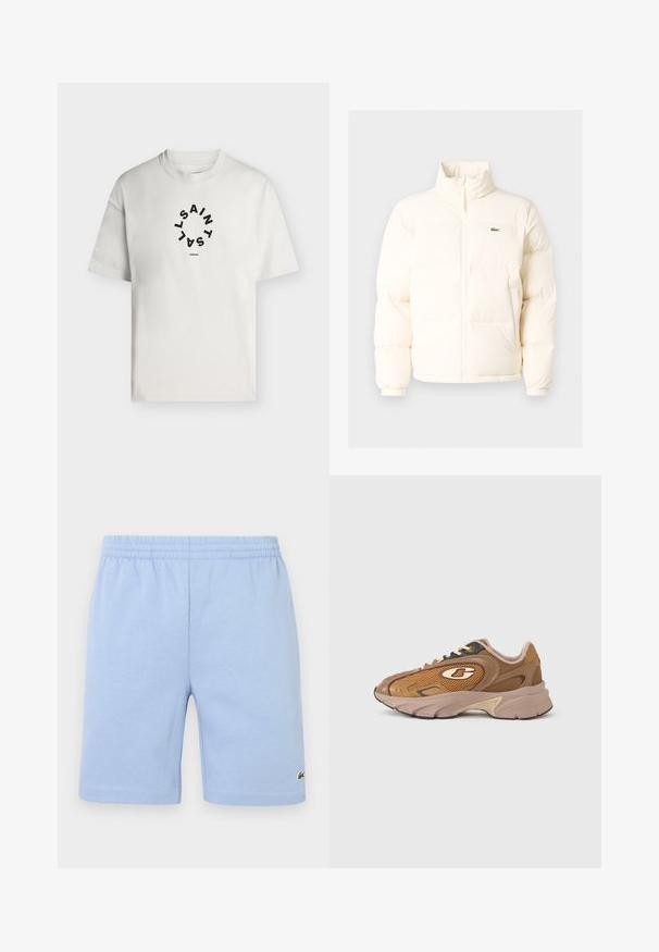 Hvid pufferjakke med høj krave, der har en frontlynlås, elastiske manchetter og et lille grønt logo på venstre bryst.; Hvid T-shirt med korte ærmer og rund halsudskæring med sort cirkulær tekst, der staver "SAINT LAINT" og "LONDON" under cirklen.; Lyseblå bomulds-shorts med elastisk talje og en lille grøn krokodillelogo broderet på det nederste højre ben.; Brune sneakers i mesh og syntetisk materiale med et chunky design. Har beige detaljer, en tekstureret overdel og en rundet gummisål.