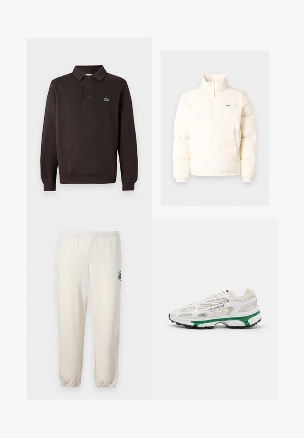 Chaqueta acolchada blanca con un alto cuello, que presenta una cremallera frontal, puños elásticos y un pequeño logotipo verde en el lado izquierdo del pecho.; Camisa polo de manga larga marrón hecha de tejido texturizado, con un pletina de tres botones y un pequeño logo de Lacoste en el pecho.; Pantalones de chándal de color beige claro, hechos de algodón, con una cinturilla elástica, puños acanalados y un logo verde con diseño de hoja en la pierna izquierda.; Zapatilla blanca con acento verde y suela de goma negra. Presenta paneles de malla y sintéticos, con un acabado texturizado y costuras visibles.