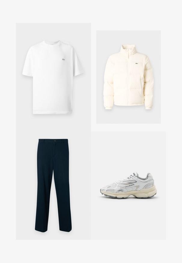Doudoune blanche avec un col haut, dotée d'une fermeture éclair sur le devant, de poignets élastiques et d'un petit logo vert sur la poitrine gauche.; T-shirt en coton blanc avec col rond et manches courtes. Présente un petit logo lacoste noir sur le côté gauche de la poitrine.; Pantalons bleu marine en tissu lisse, dotés d'une fermeture à bouton, d'une coupe droite et d'un design minimaliste.; Baskets de sport blanches avec des accents gris, tige en maille et synthétique, design à lacets et semelle en caoutchouc texturée avec motifs de traction.