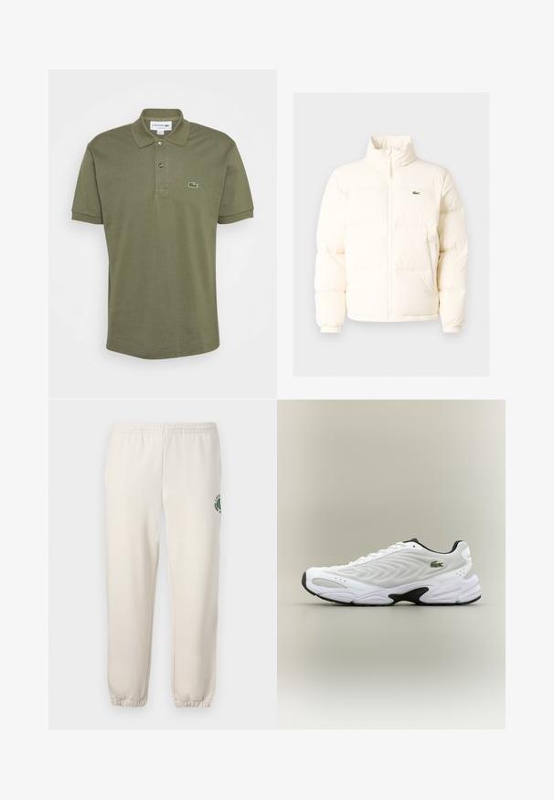 Chaqueta acolchada blanca con un alto cuello, que presenta una cremallera frontal, puños elásticos y un pequeño logotipo verde en el lado izquierdo del pecho.; Polo de color verde oliva, de manga corta, con tapeta de dos botones, cuello acanalado, que presenta un logotipo bordado de Lacoste en el lado izquierdo del pecho. Material de algodón.; Pantalones de chándal de color beige claro, hechos de algodón, con una cinturilla elástica, puños acanalados y un logo verde con diseño de hoja en la pierna izquierda.; Zapatilla deportiva blanca con parte superior de malla texturizada, diseño curvado y suela exterior negra en contraste. Presenta un logo verde bordado en el lateral.