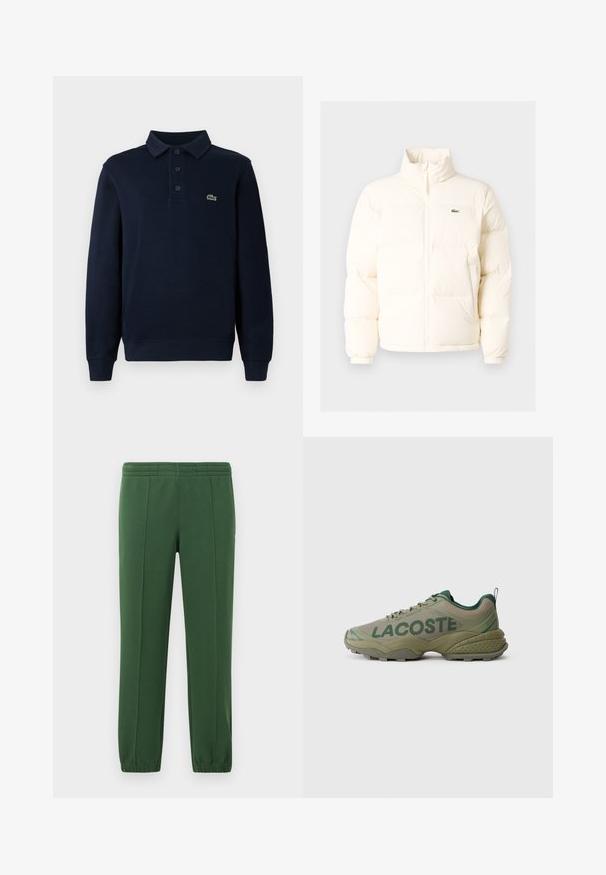 Witte pufferjack met een hoge kraag, voorzien van een ritssluiting aan de voorkant, elastische boorden en een klein groen logo op de linkerborst.; Marineblauwe lange mouwen polo shirt met knoopsluiting en klein groen krokodillenlogo op de borst.; Groene joggingbroek van zacht materiaal; heeft een elastische tailleband, taps toeloopende pijpen en een klein logo aan de zijkant.; Olijfgroene Lacoste sneaker van mesh stof, met een dikke zool en groene logo tekst op de zijkant, weergegeven in een zijprofiel op een witte achtergrond.